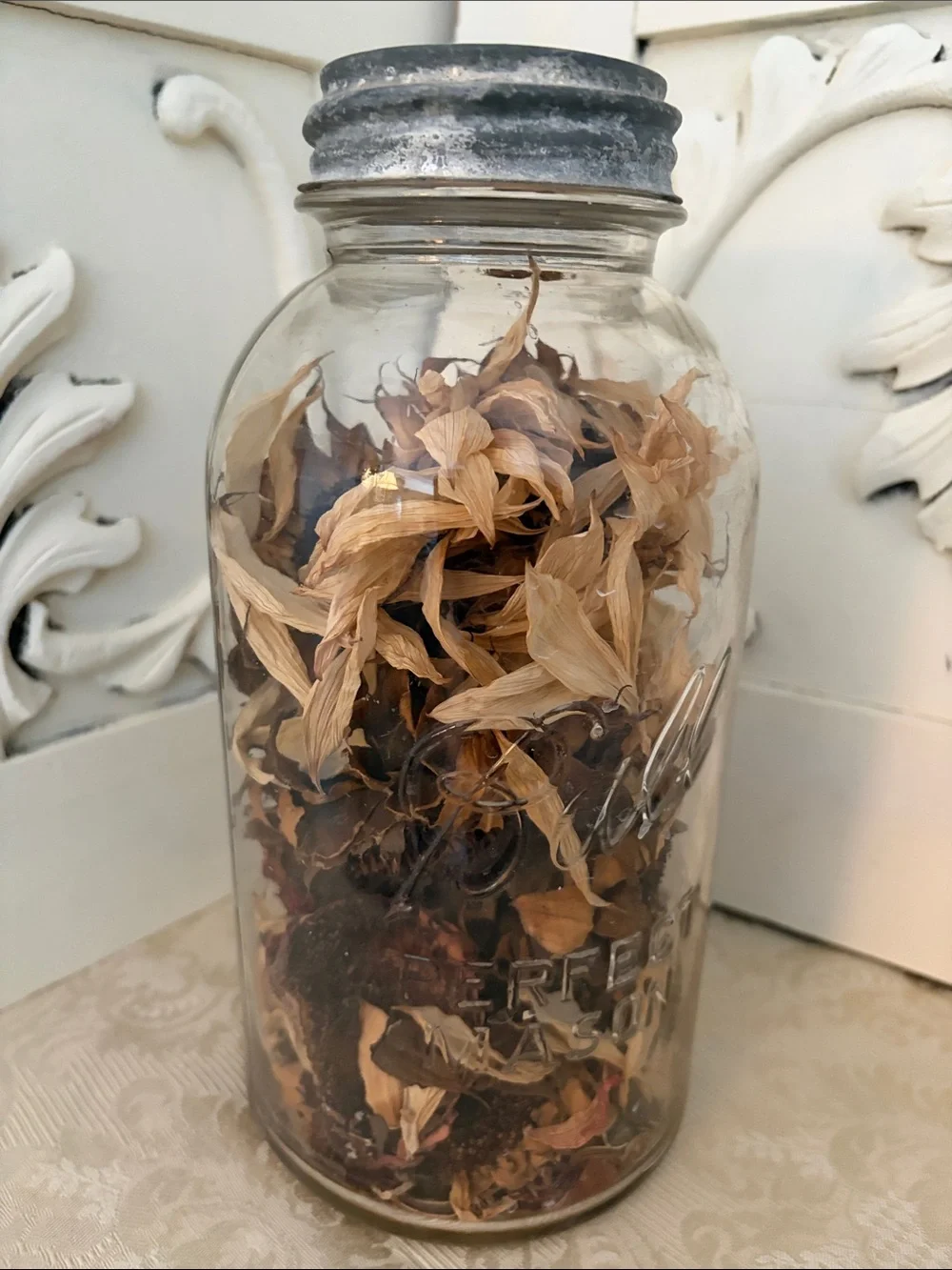 Vintage Ball Canning Jar Galvanized Metal Lid - Sunflower Potpourri Display